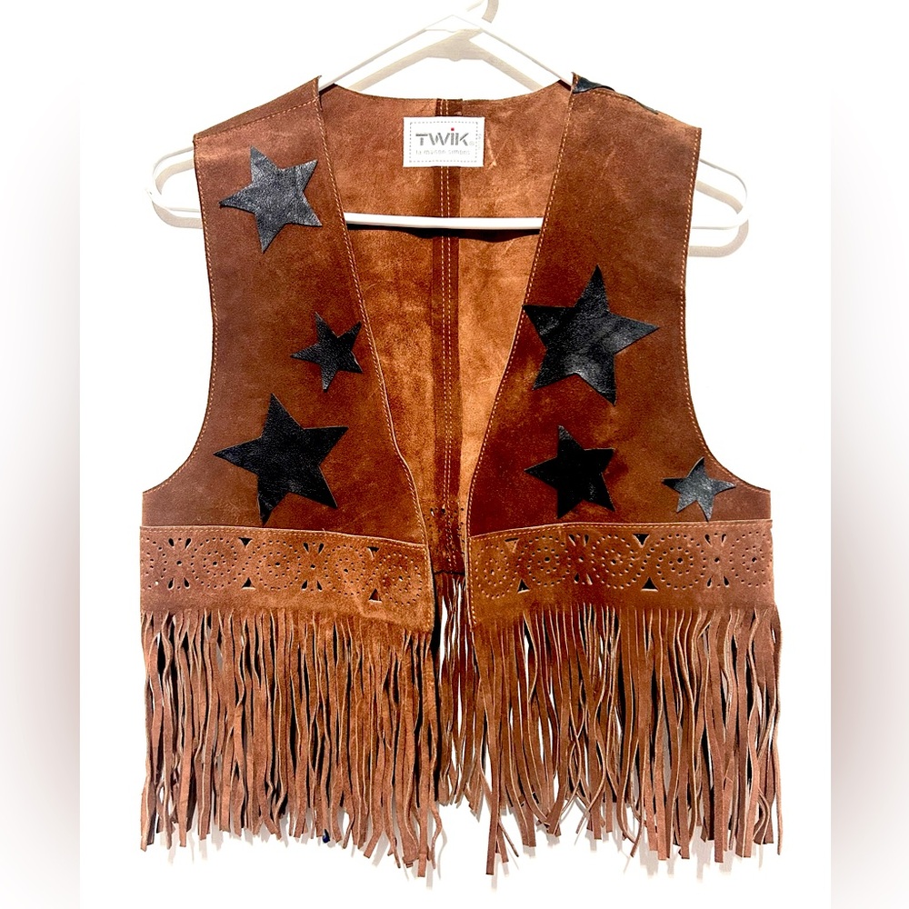 Vintage 90s Genuine Suede Fringe Vest Leather Stars Simons Brown Hippie S/M
